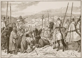Peregrinos bajo escolta de Caballeros Templarios, a la vista de Jerusalén, ilustración de 